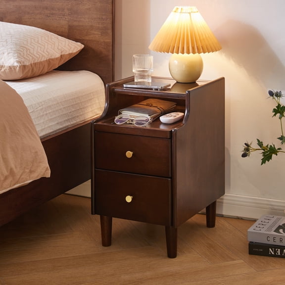 Hommoo Modern Wooden Nightstand with 2 Drawers, Pull-out Panel Storage Bedside Table, Sofa Side Table, Walnut