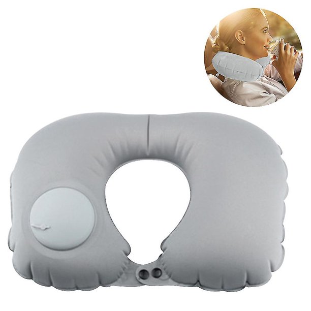 Almohada de viaje inflable, almohada de aire para el cuello, tela ligera que se mantiene fresca, autobombeo + máscara para los ojos + auriculares + bolsa reutilizable