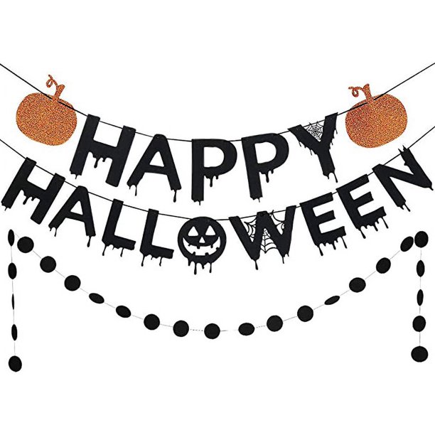 Pancarta de calabaza feliz Halloween con purpurina negra y guirnalda de puntos circulares de Halloween, decoraciones de fiesta de Halloween, decoraciones de calabaza de Halloween, decoraciones de fel