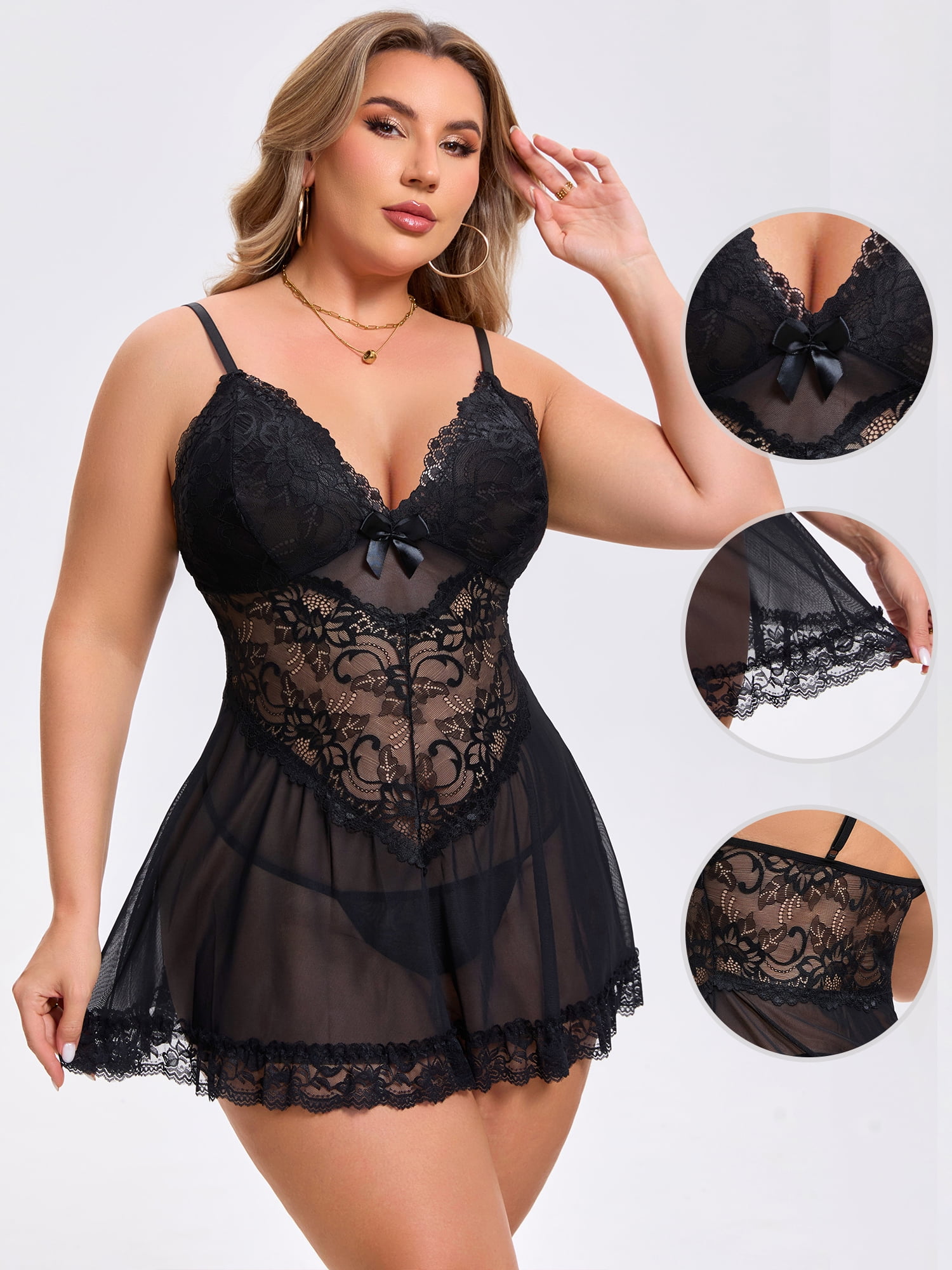 DARING DIVA Women's Plus Size Lingerie Lace V Neck Mesh See Through Chemise XL Black