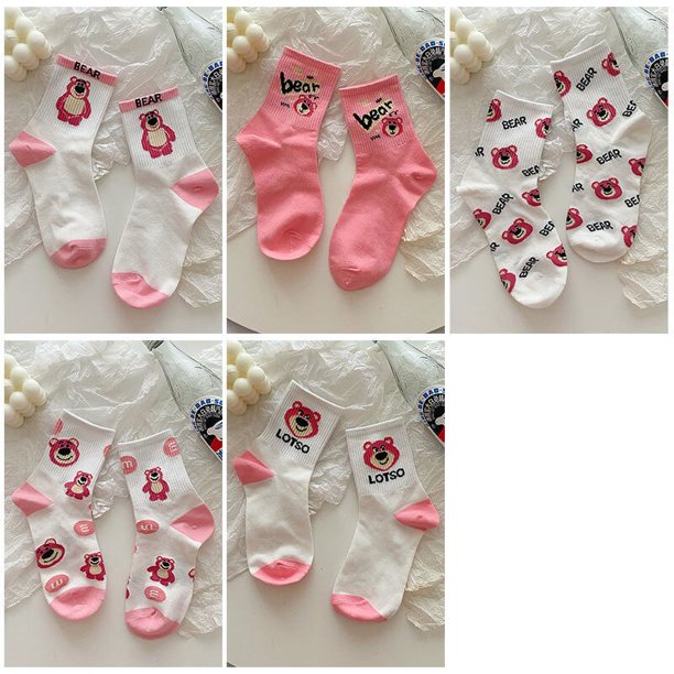 Disney Cute Bear Lotso estampado blanco rosa medias patrón Harajuku moda Kawaii dibujos animados Toy Story calcetines niñas calcetines deportivoscombinación unoTalla única Deng Xun unisex