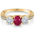thumbnail image 3 of Gem Stone King 18K Yellow Gold Plated Silver 3-Stone Ring Oval Ruby Moissanite (2.12 Cttw), 3 of 6