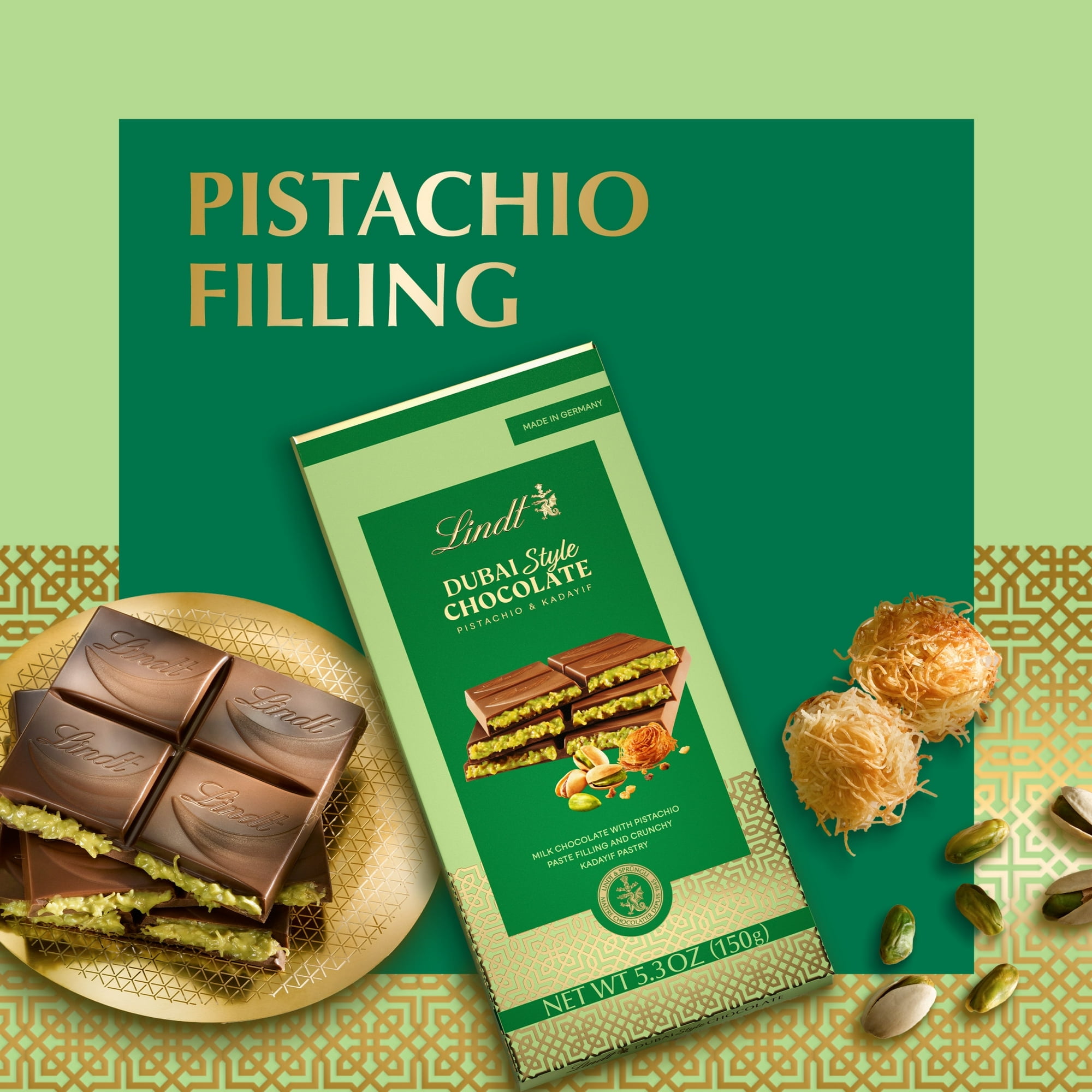 (PACK OF 2) Lindt Dubai Style Milk Chocolate Candy with Pistachio & Kadayif, 5.3 oz. Bar