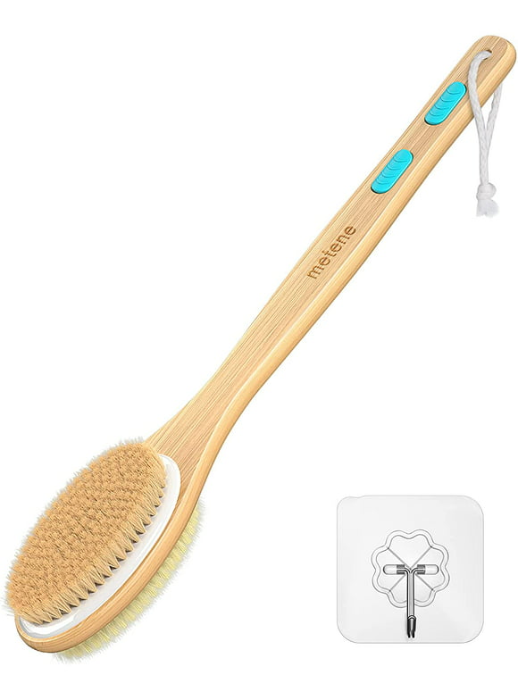 Metene Shower Brush with Soft & Stiff Bristles, Bath Dual-Sided Long Handle Back Scrubber, 1 Hook