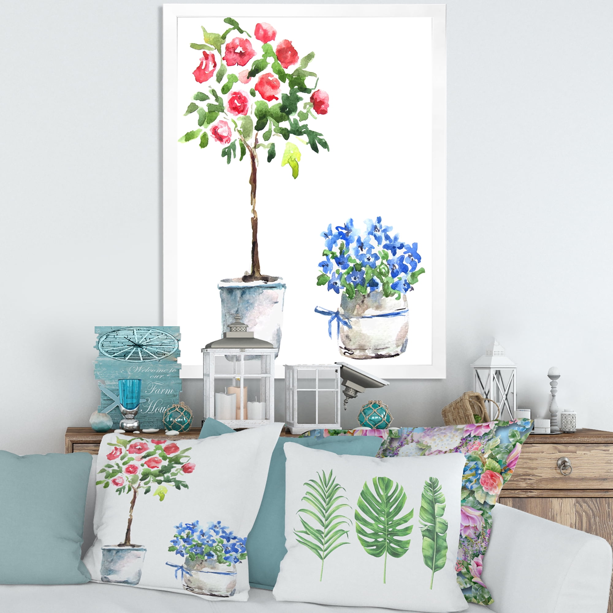 Designart 'Red and Blue Houseplants' Traditional Framed Art Print