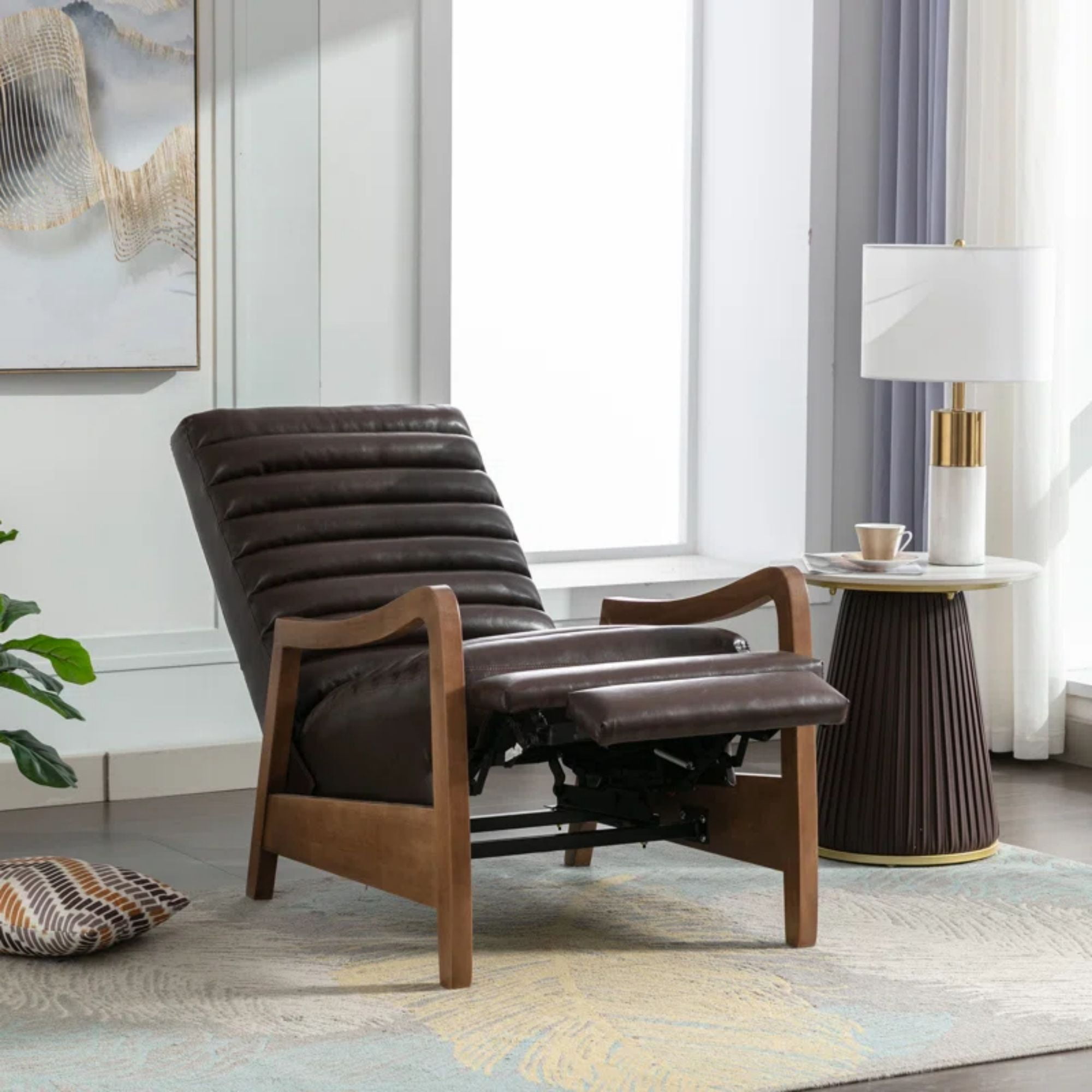 Bestier 26" Accent Chair, Luxurious Oil Wax Leather Recliner for Adults, Upholstered Push Back Reading Chair with Parawood Frame, Brown