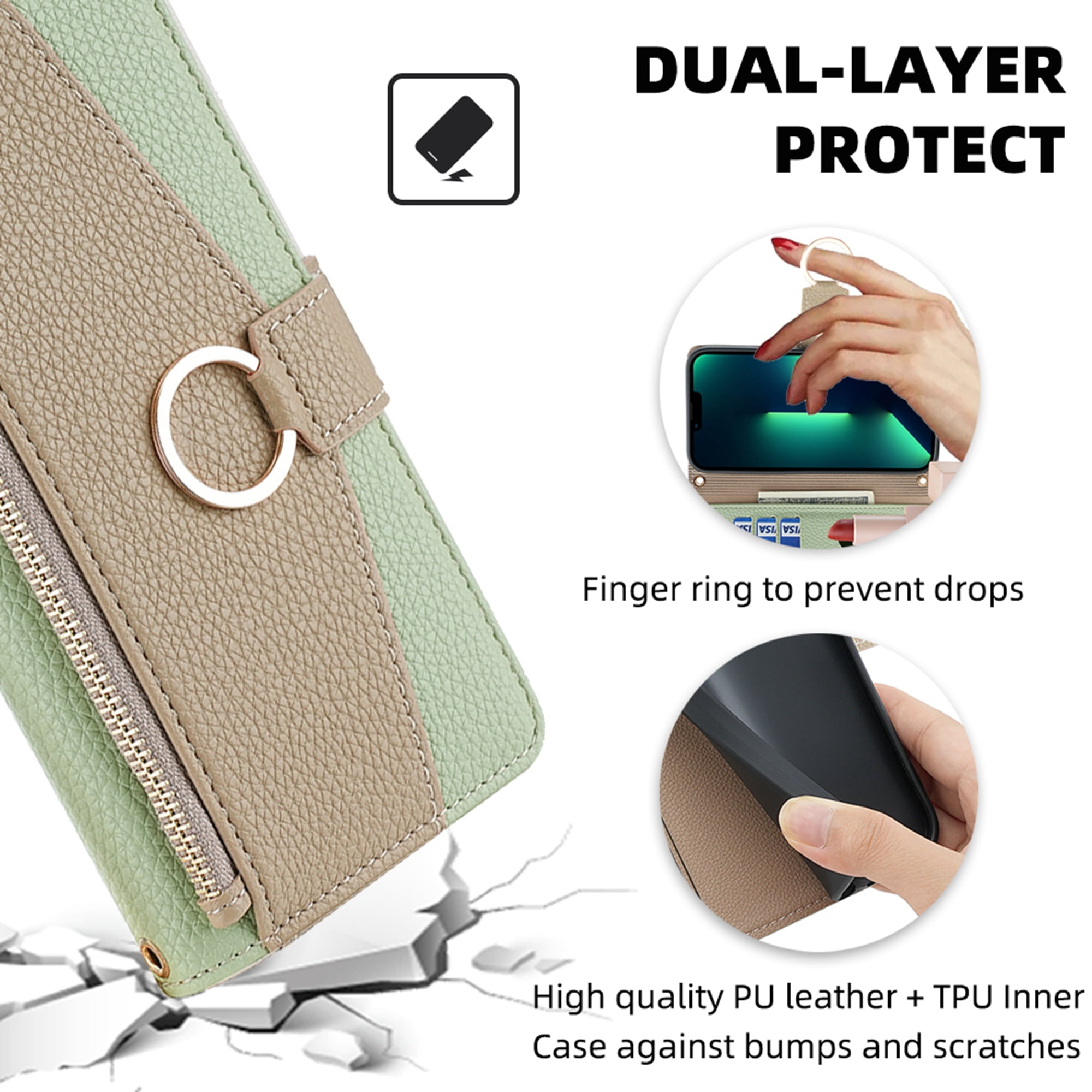 Dteck Crossbody Wallet Case for Samsung Galaxy A35 5G, Bicolor PU Leather Zipper Purse with Card Holder Mini Make-up Mirror for Women Girls,Folio Flip Phone Case with Magnetic Closure,Green