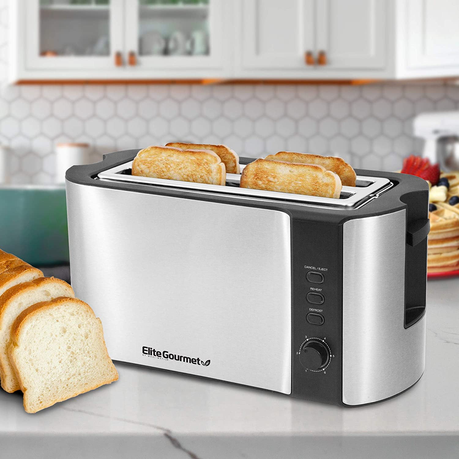 ECT-3100 Long Slot 4 Slice Toaster, Reheat, 6 Toast Settings, Defrost, Cancel Functions, Built-in Warming Rack, Extra Wide Slots for Bals & Waffles, Stainless Steel Black