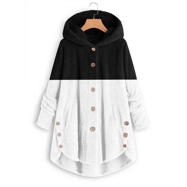 EGNMCR Winter Coats for Women Warm Lightweight Fleece Plush Button Hooded Jacket Comfy Color Block Patchwork Wool Coats with Pockets
