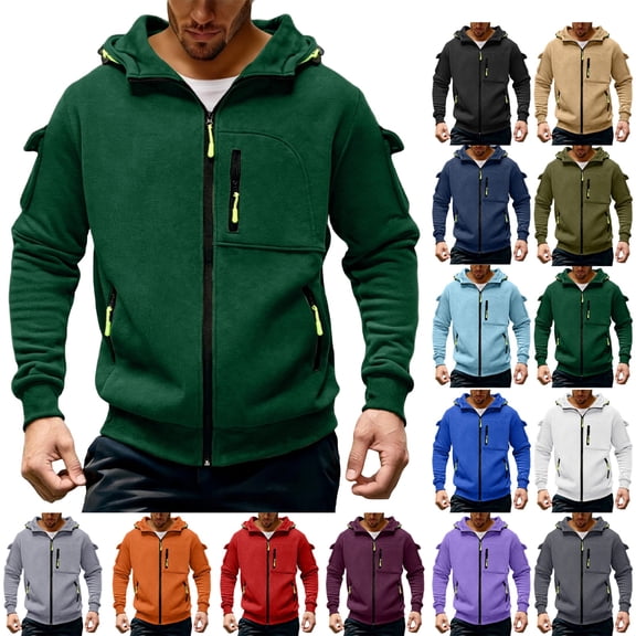 GrmtClth Hoodie for Men Full Zip Drawstring Hooded Jacket Multi Zipper Pockets Oversized Cargo Long Sleeve Top Fall Winter Outdoor Sports Casual Outfit Dark Green L