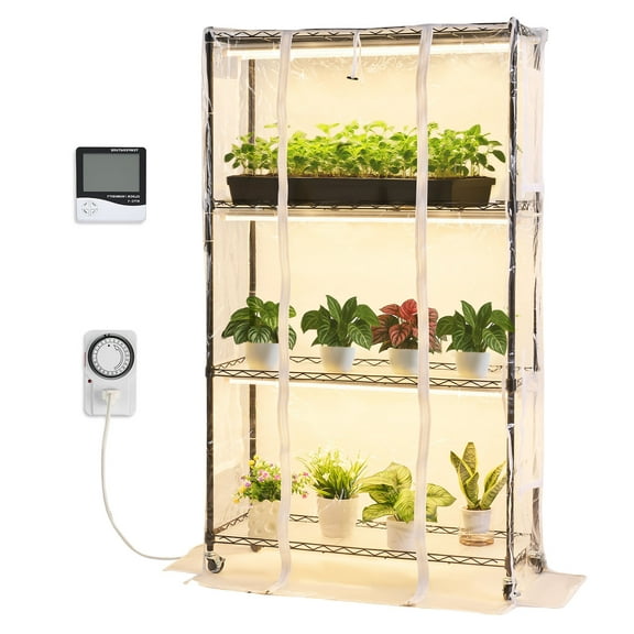 KFFKFF Indoor Greenhouse with Grow Light, 59-Inch Tall 4-Tier Plant Stand with Transparent Cover, Timer & Hygrometer, 180W Full Spectrum Lighting, Metal Plant Shelf for Indoor Gardening