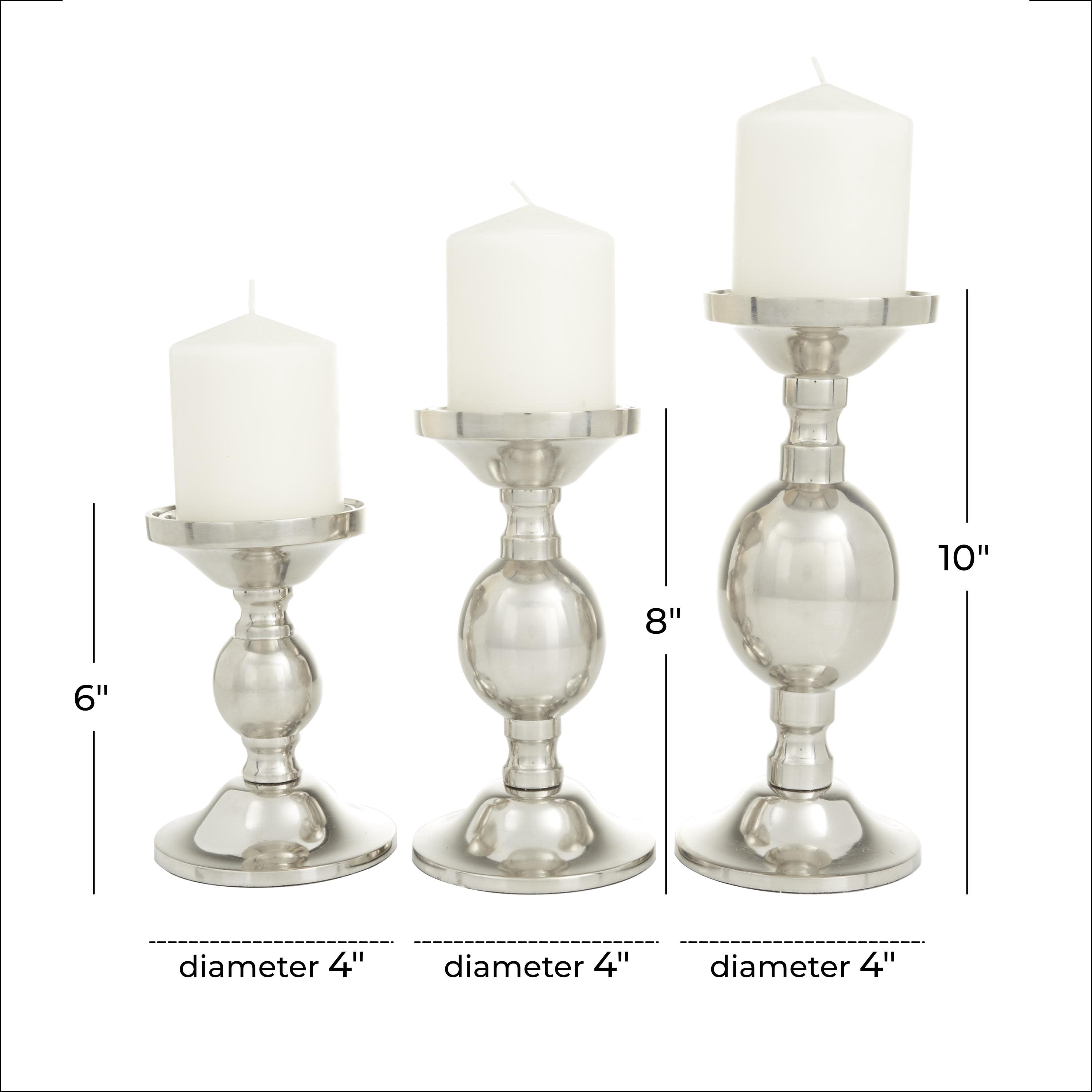 DecMode 3 Candle Silver Aluminum Metal Pillar Candle Holder, Set of 3