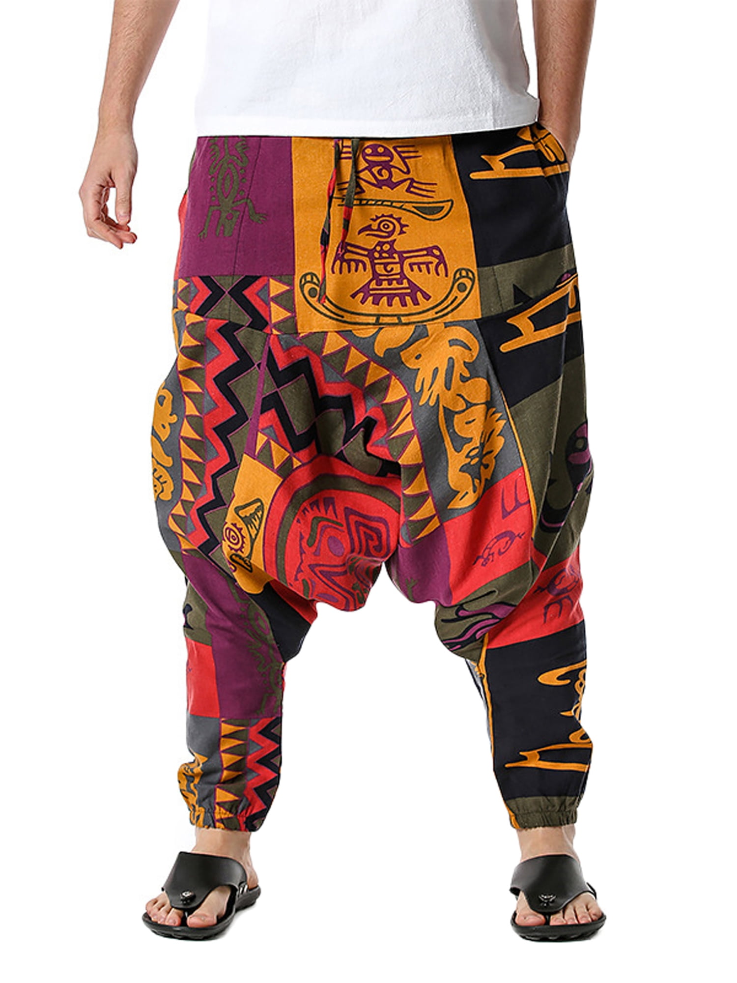 Men's 100%Cotton Drawstring Harem Pants Aladdin Hippy Drop Crotch Long Trousers Men's 100%Cotton Drawstring Harem Pants Aladdin Hippy Drop Crotch Long Trousers