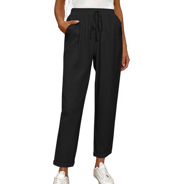 Pantalones elásticos de la cintura para las mujeres verde oliva cordón sólido bolsillo Jogger longitud completa