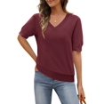 thumbnail image 1 of Top MEROKEETY para mujer, manga corta, cuello en V, de verano, color vino, 1 of 6