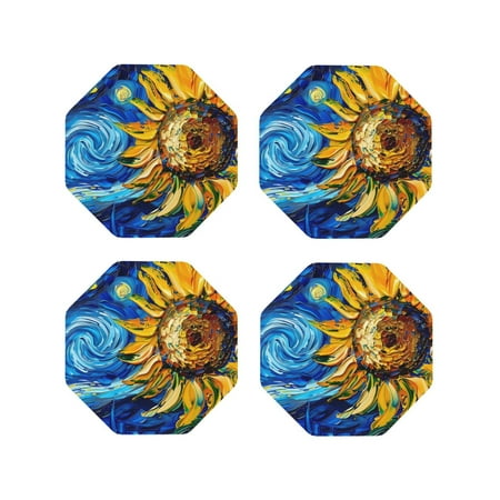 

Vsdgher vintage Starry Sunflower Leather Coasters for Drinks Durable Drink Coasters 4 Set for Tabletop Protection Luxurious Home Décor and Housewarming Gift-Octagon