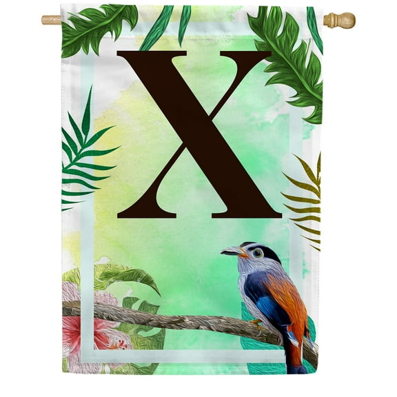 America Forever Tropical Bird Summer Monogram House Flag Letter X 28 x 40 inches Parrot Toucan Palm Leaves Double Sided Vertical Outdoor Yard Lawn Decorative Exotic House Flag