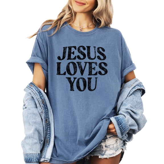 Jesus Loves You Shirt for Women Christian Faith Easter Inspirational Distressed Tee Blue Jean Shirt Adult Small