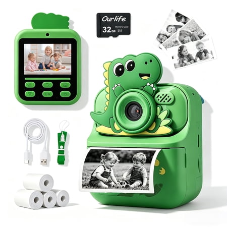 Instant Print Camera for Kids 2.4 Screen Digital Camera with Color Thermal Print Selfie Video MP3 32GB Card 4 Paper Rolls Toy Camera Gift for Girls Green