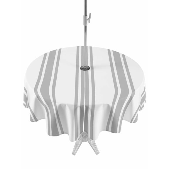 Outdoor Tablecloth with Umbrella Hole for Patio/Picnic/Party/Camping, Grey Striped Waterproof Table Cloth Round Cover Washable, Farmhouse Aesthetic Modern Stripes (Dia 60")