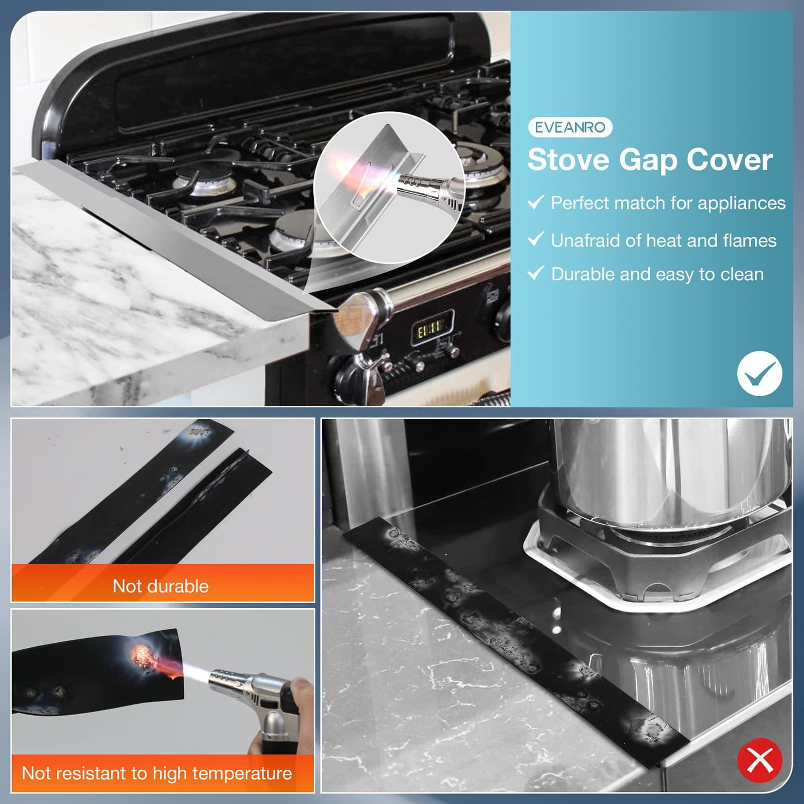 Hariumiu 2Pcs Stainless Steel Stove Gap Covers Heat Resistant Stove Guard Adjustable Length Stove Gap Filler for Kitchen Oven Counter Range Trim Kit