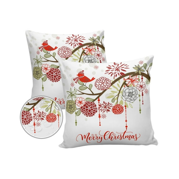 Pack of 2 Outdoor Pillow Covers, Merry Christmas Flower and Branch Red Robin Waterproof Square Throw Pillowcase Cushion Decorative Pillow Covers for Couch Patio Tent, 16x16 in