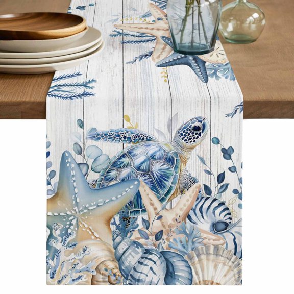 Blue Turtle Coastal Table Runner 72 Inches, Beach Coral Nautical Starfish Sea Eucalyptus Retro Bed Runner Dresser Scarves Tabletop for Indoor Outdoor Parties/Ceremony/Banquet, 16" x 72"