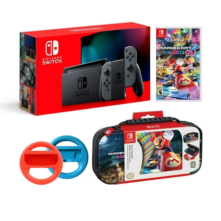 Nintendo Switch Super Mario Kart 8 Deluxe Bundle: Gray Joy-Con Improved Battery Life 32GB Console,Red and Blue Joy-Con Wheel, Super Mario Kart 8 Deluxe Game Disc and Travel