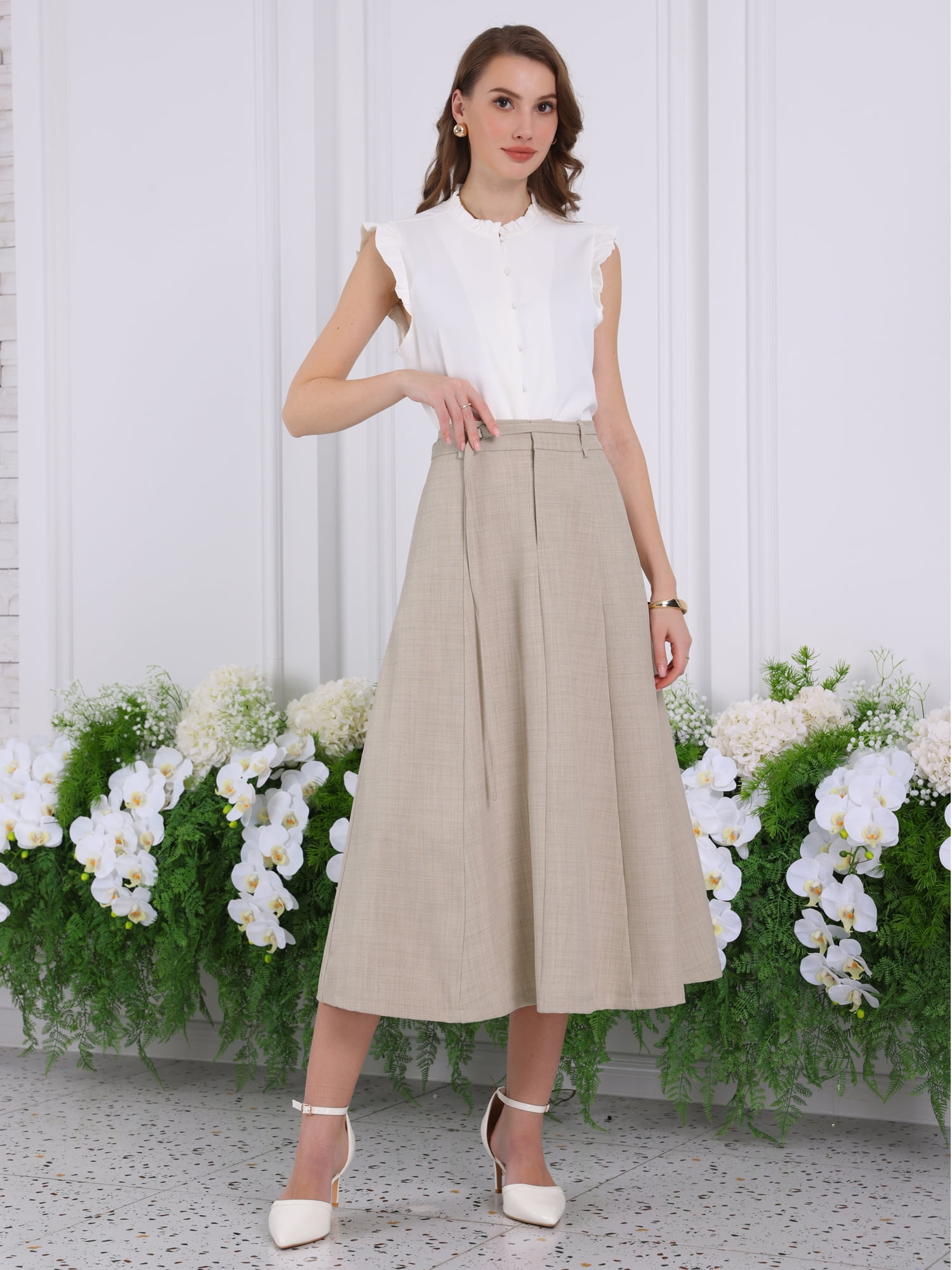 DARING DIVA Women's A Line Elastic High Waist Maxi Skirts M Beige