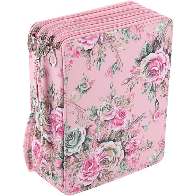 Colored Pencil Case- 160 Slots Pencil Holder Pen Bag Large Capacity Pencil Organizer with Handle Strap Handy Colored Pencil Box with Printing Pattern (Pink Rose)
