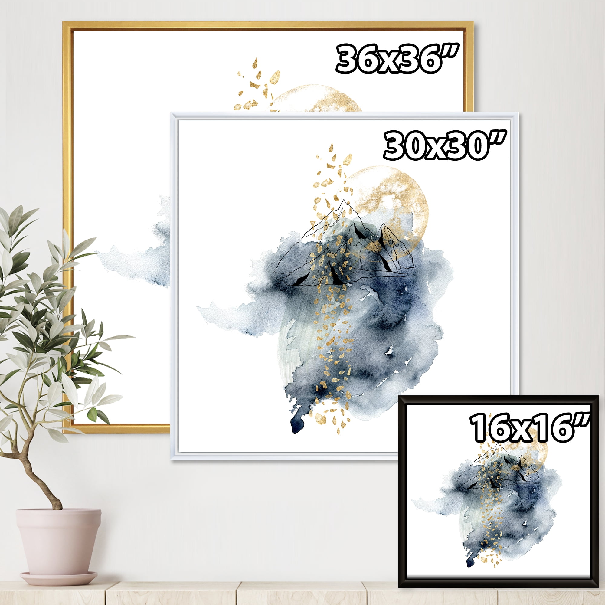 Minimalistic Landscape of Moon With Mountains 36 in x 36 in Framed Painting Canvas Art Print, by Designart