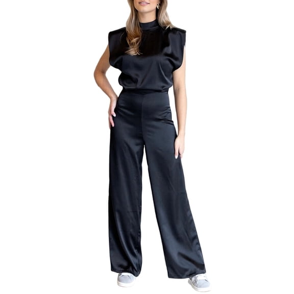 Satin Wide Leg Jumpsuits for Women - Elegant Mock Neck Sleeveless Cocktail Party Romper Black XS