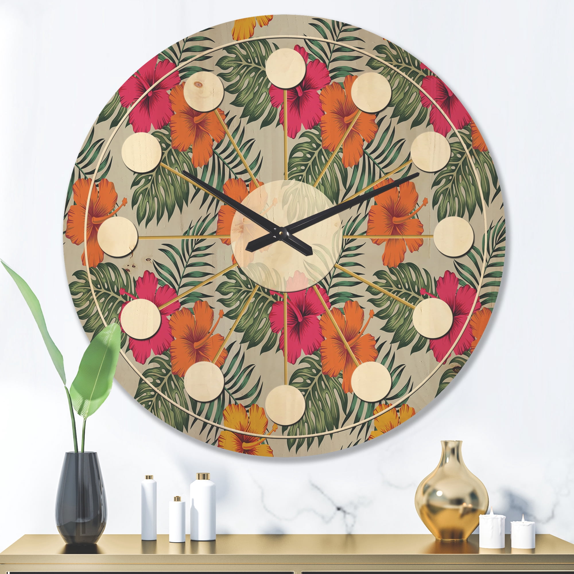 Designart 'Tropical Leaves Retro Pattern III' Mid-Century Modern Wood Wall Clock