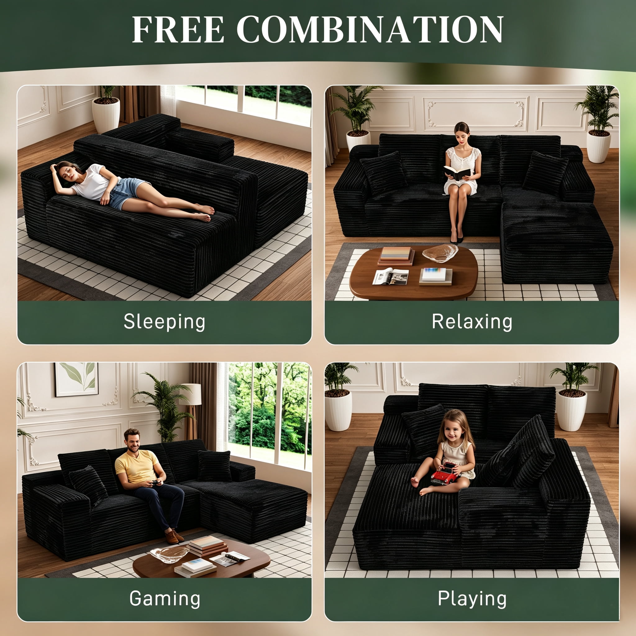 AISWORD 107.5" Corduroy Modular Sectional Sofa with Right Facing Chaise, Compressed Couch, Black