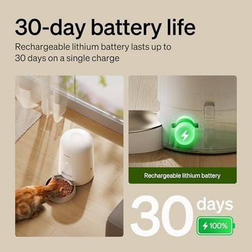 Automatic Cat Feeder, Wi-Fi Rechargeable Cats Food Dispenser Battery-Operated with 30-Day Life, AIR 2.4G Wi-Fi Timed Pet Feeder for Cats & Dogs, 2L Auto Cats Feeder, White