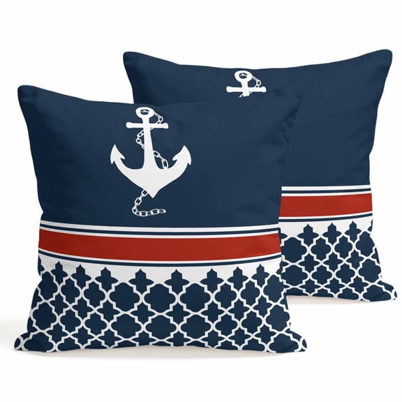 Throw Pillow Covers 18x18 Inch Set of 2 Nautical Anchor Decorative Pillows Cushion Case Soft Square Pillowcases Red Navy Blue Geometric Stripes Throw Pillows for Couch Sofa Bed Chair Home Decor