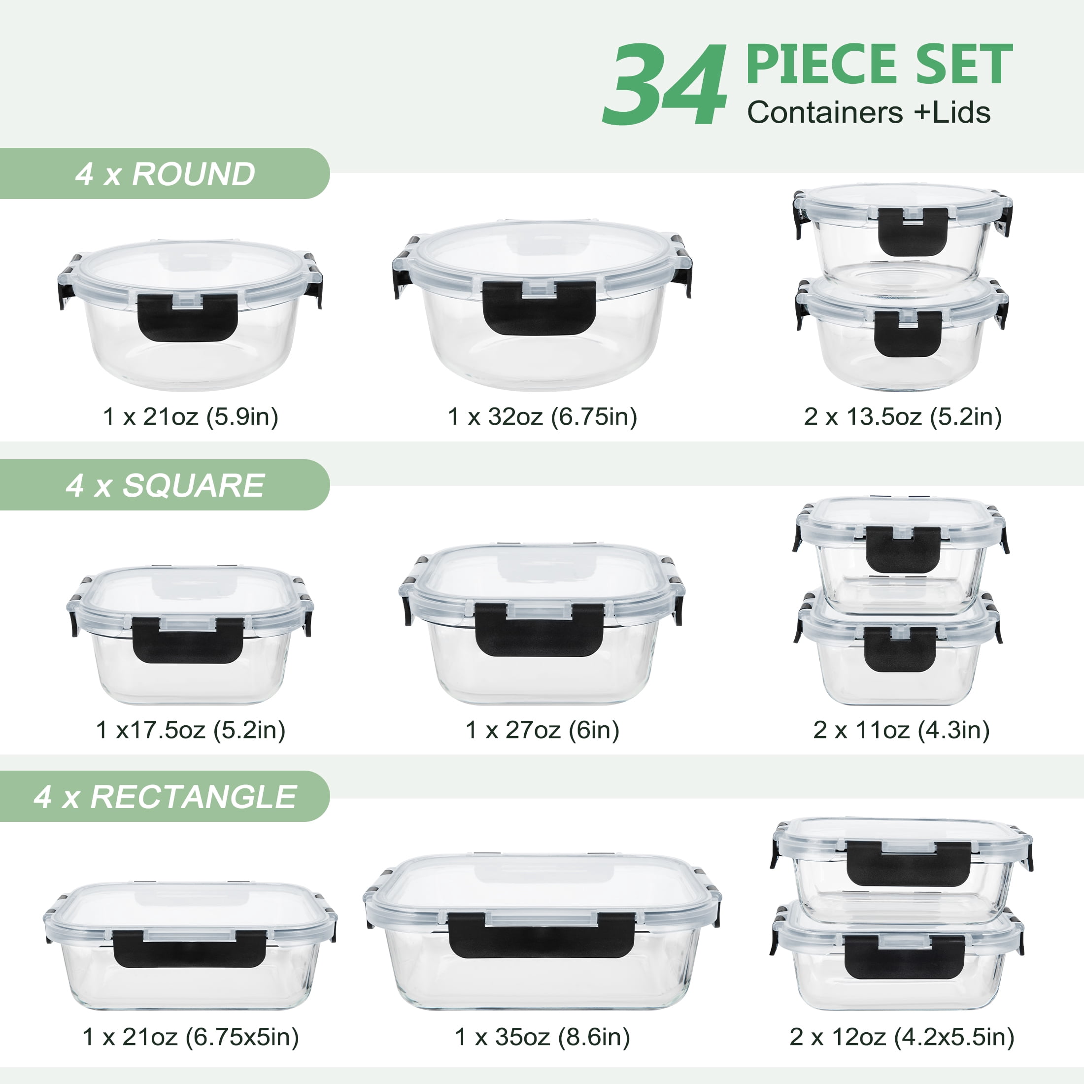 GPED 34-Piece Glass Food Storage Container Set, Glass Meal Prep Containers with Snap-Locking Lids, Glass Lunch Box, Airtight Bento Box, for Microwave, Oven, Freezer, and Dishwasher Safe, Black