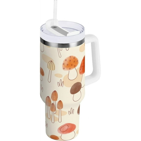 40 oz Tumbler with Handle Lid and Straw Insulated Water Tumbler Stainless Steel Water Cup Mug Bottle Reusable Cup Holder Friendly Mushroom Yellow