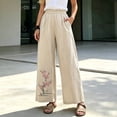 thumbnail image 2 of Gealkoca Womens Linen Pants Wide Leg Women's Embroidery Pants Pocket Elastic Waist Pants, Beige_5XL, 2 of 6