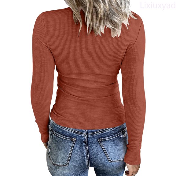 Lixiuxyad Womens Long Sleeve Neck Ribbed Knit Fitted Casual Tops Tee Slim Basic Shirts Womens Summer T Shirts,Red L