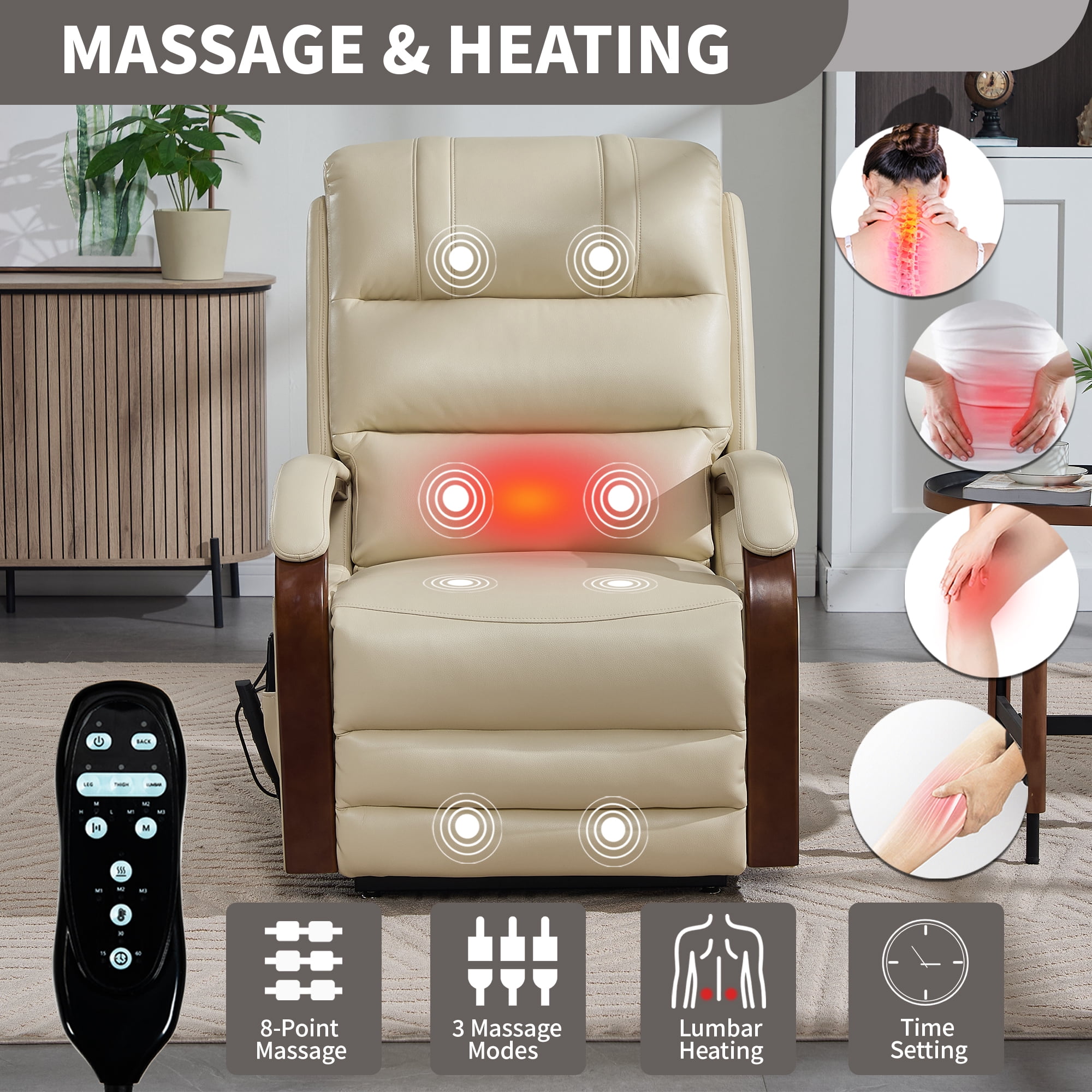 Gewnee Power Lift Recliner Chair with Heat and Massage,Lay Flat Assist Recliner with Side Pocket & Solid Wood Armrest,Lift Chair for Living Room.Beige PU