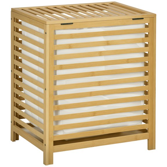 HOMCOM Bamboo Hamper Laundry Basket with Lid & Portable Removable Bag, Dirty Clothes Hamper Laundry Storage, Natural