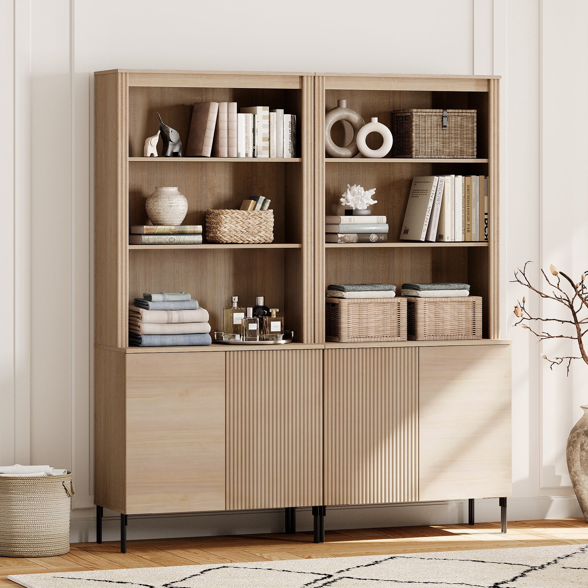 71.6"H X 60.4"W Set Of 2 Bookcase with Storage Cabinets, 10 Tier Bookshelf with Fluted Doors and Adjustable Shelves, Large Modern Display Cabinet For Living Room Bedroom Home Office Kitchen