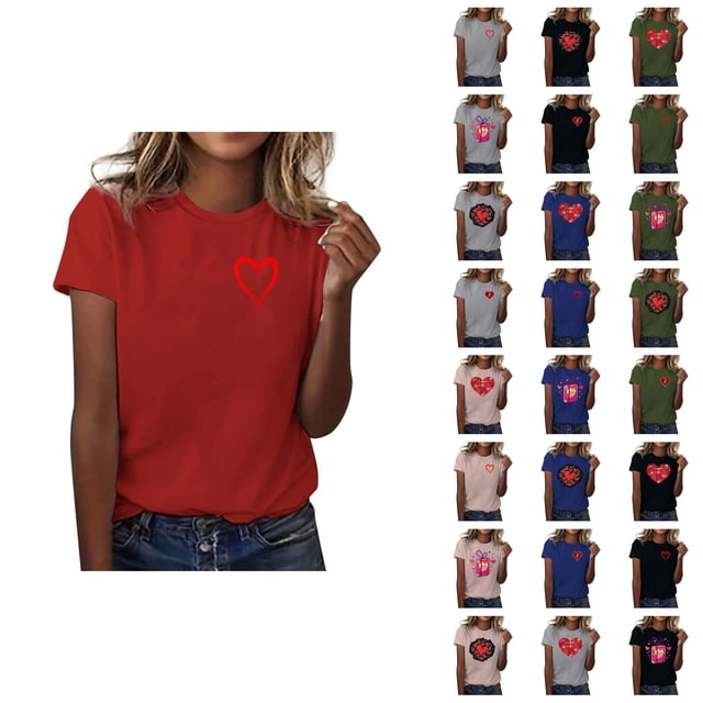 T-shirts de la Saint-Valentin pour Femmes 2026 Mode Manches Courtes Col Rond Cœur Graphique