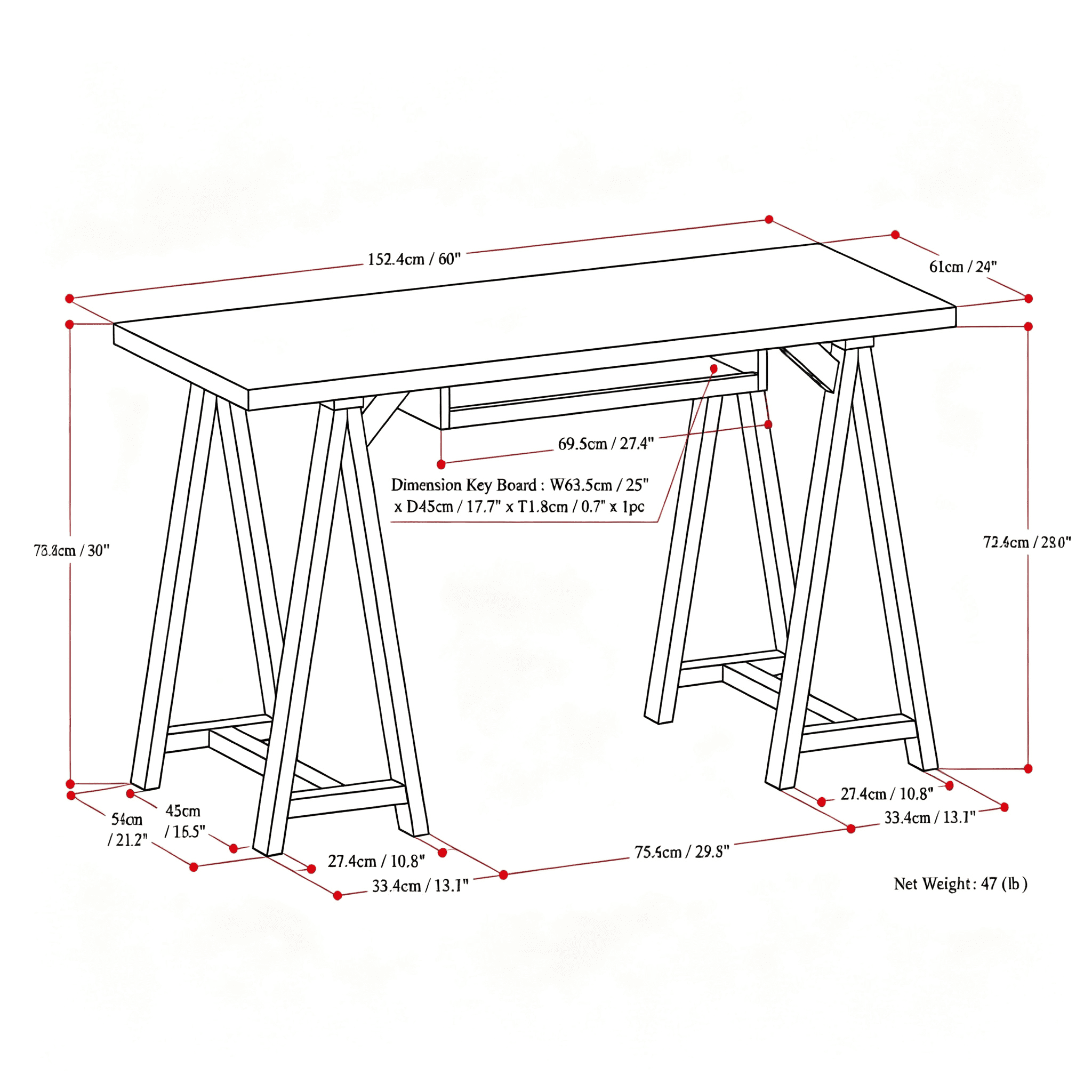 Sawhorse Desk with Keyboard Tray, Solid Wood Home Office Desk, 60 in Wide Writing Table for Study, Gaming, and Bedroom