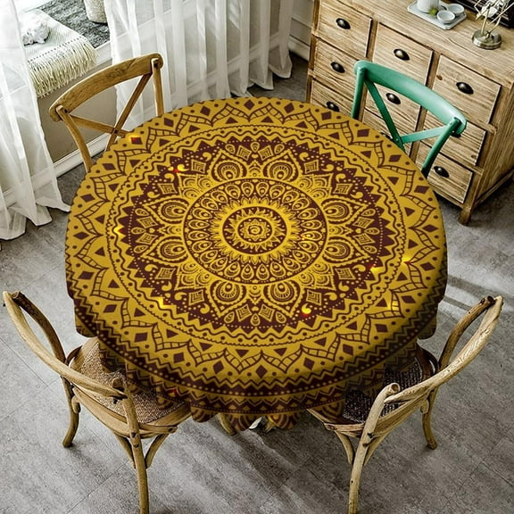 Boho Gold Mandala Tablecloth, Rustic Vintage Abstract Ethnic Round Tablecloth Cover for Farmhouse Kitchen Indoor Picnic Patio Party, Round(60x60in)
