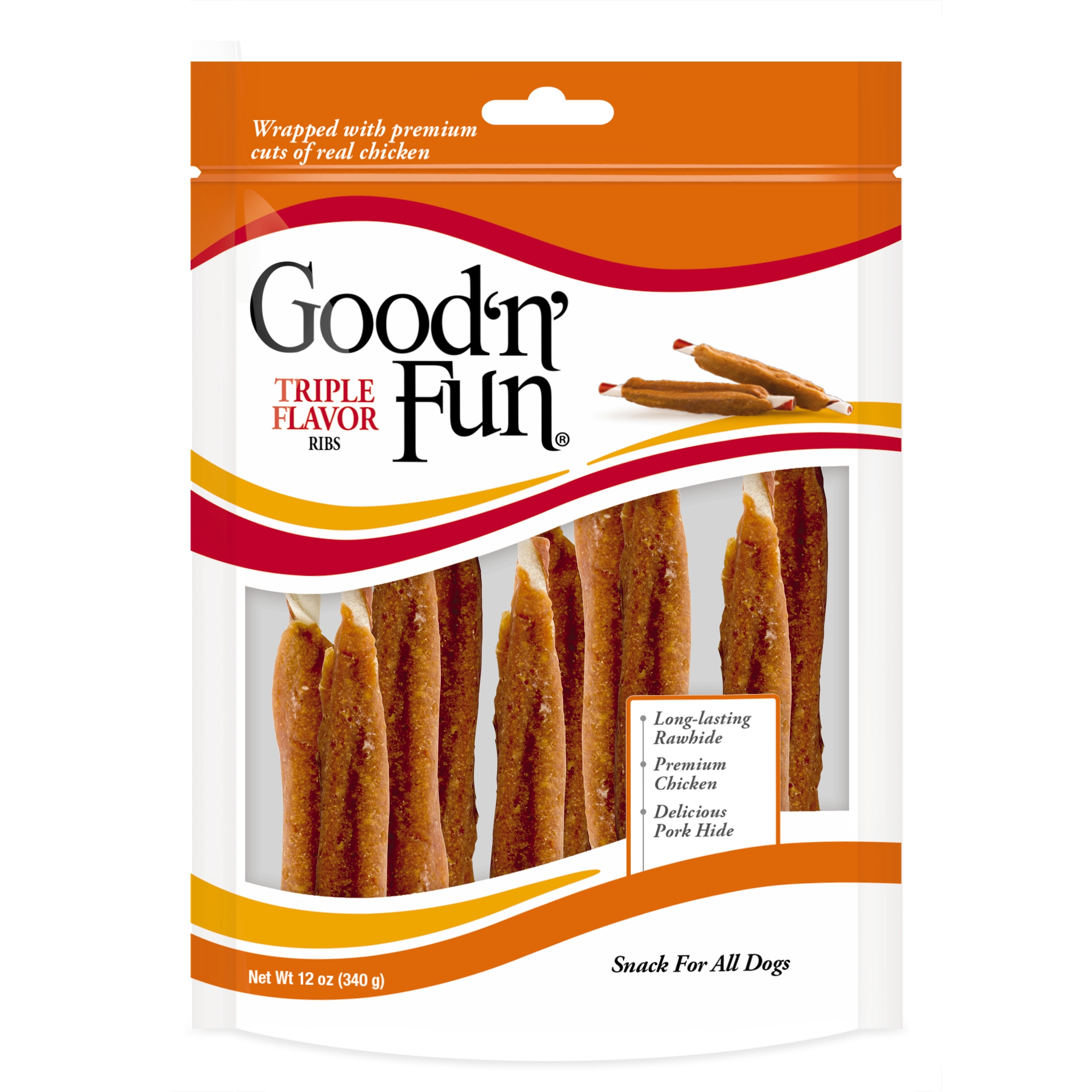 Good ’n’ Fun Triple Flavor Ribs, Rawhide Snack for All Dogs, 12 oz.