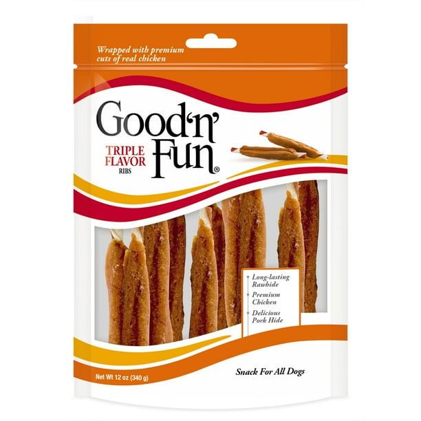 Good 'n' Fun Triple Flavor Ribs Rawhide Dog Chews, 12 Oz.
