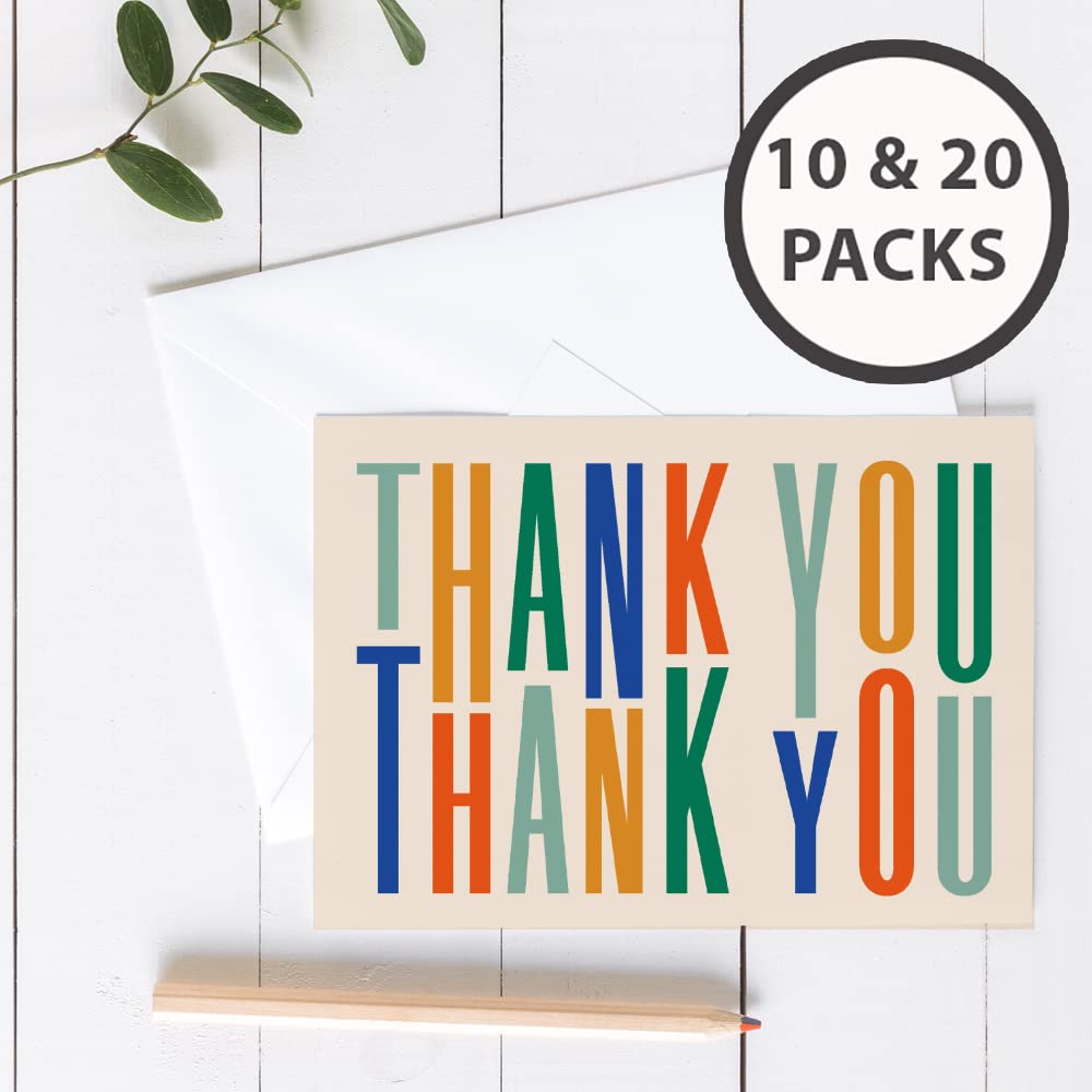 Colorful Letters Thank You Blank Note Greeting Cards | 20 Pack Bulk Set (4X6)