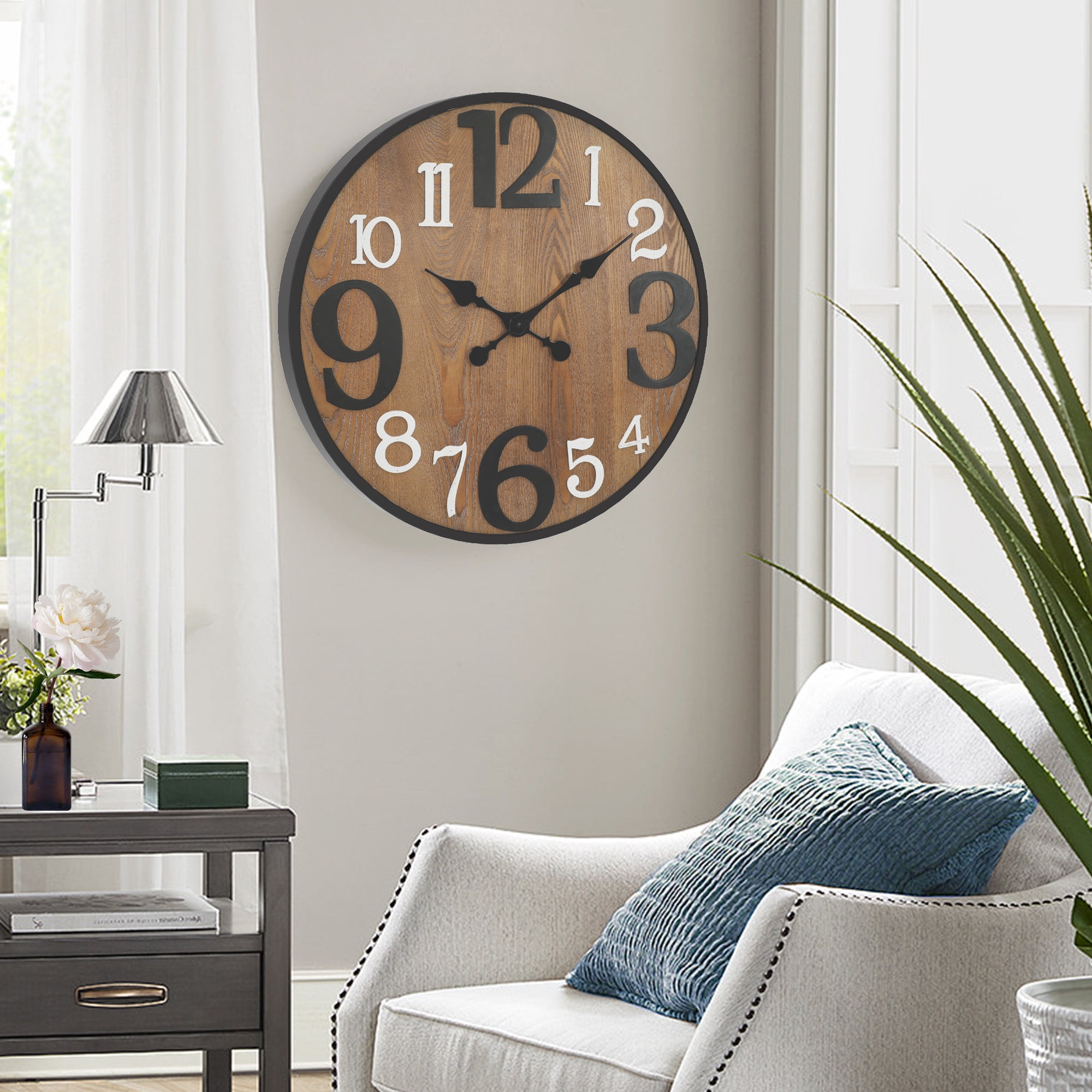 ABBSR 24in. Round Hanging Arabic Numerals Wood Wall Clock,Non-Ticking Clock for Wall Decor